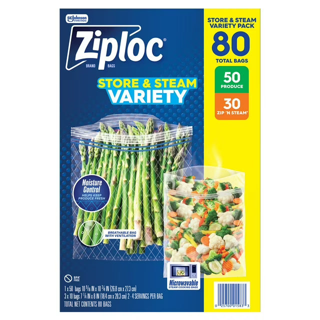 Ziploc Store & Steam Variety Pack - 80ct. | Shop authentic international groceries from the USA, UK & Asia in Ghana. Get your favorite snacks, cereals, sauces, and household essentials delivered fast in Accra and across Ghana. Same-day delivery available. WhatsApp: 055-354-7661