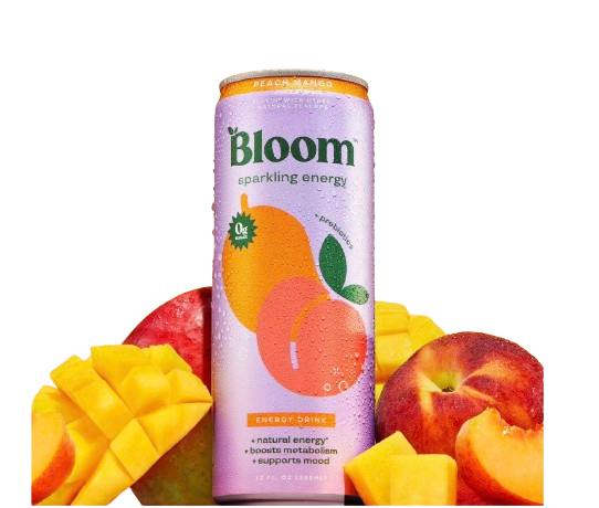 Bloom sparkling energy drink can with peaches and mangoes on a white background