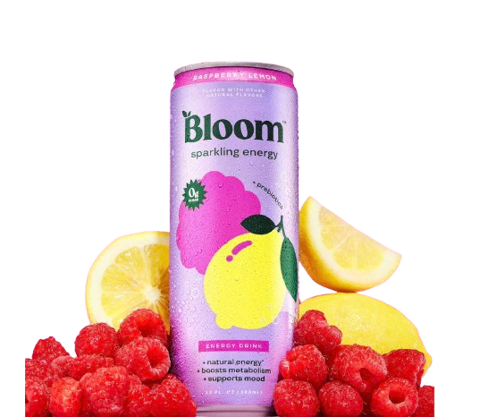 Can of Bloom sparkling energy drink with lemon slices and raspberries on a white background